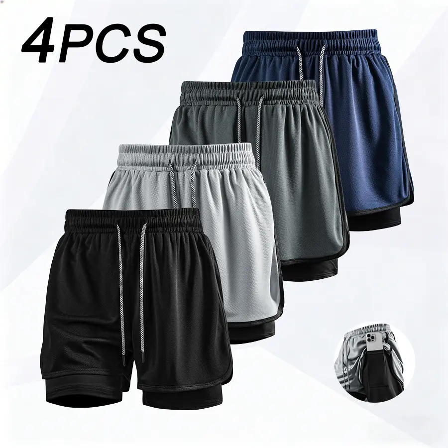 Men's 4-Pack 2-in-1 Colorblock Tiered Layer Active Shorts, Lightweight Quick-Dry Breathable Polyester Synthetic, Drawstring 4-Way Stretch for Running, Gym
