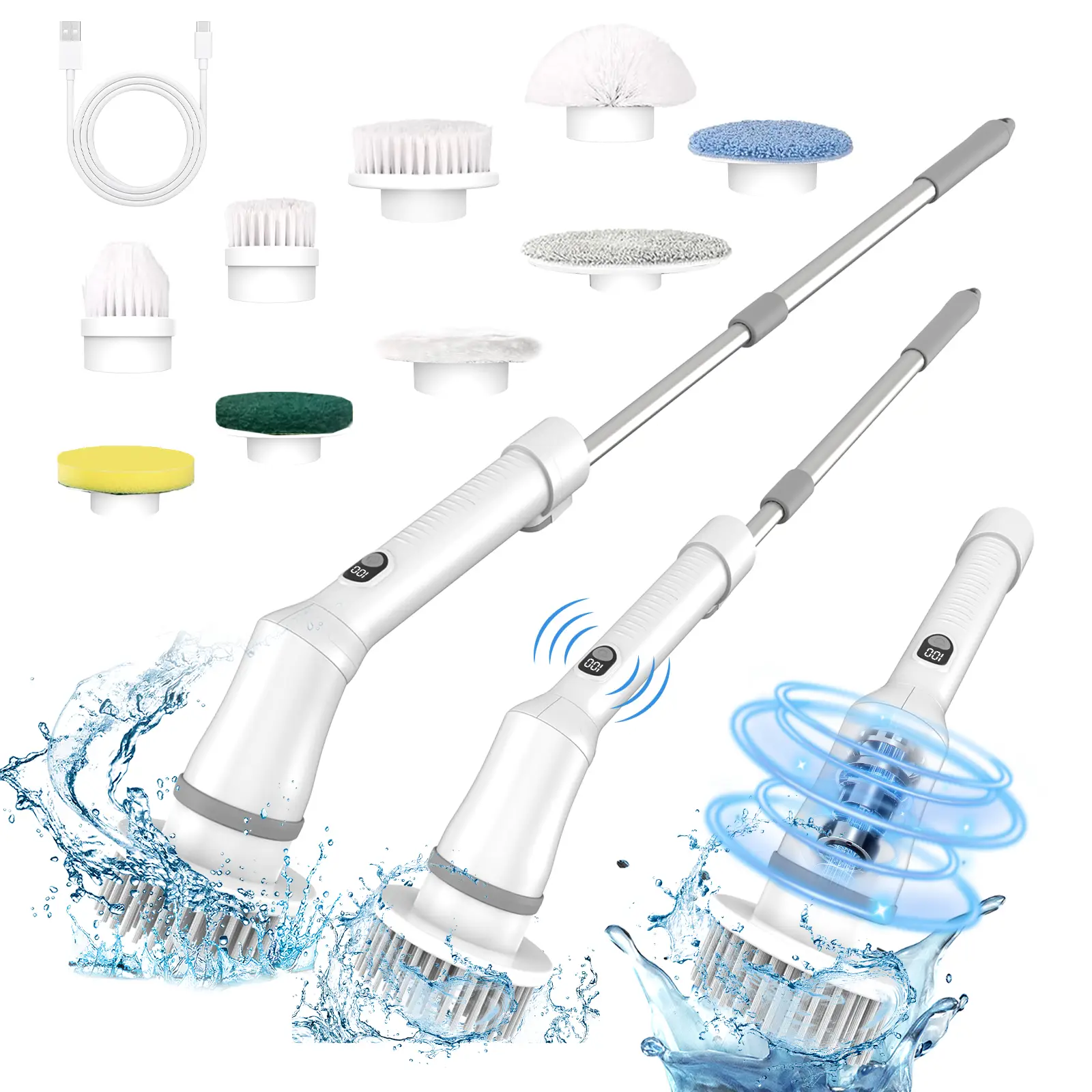 Electric Spin Scrubber, Cordless Electric Cleaning Brush with Power LCD Display, Adjustable Extension Handle, 2 Speed & 9 Replaceable Brush Heads, Wat