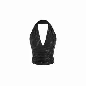 Cider Mesh Halter Neck Ruched Sequin Crop Top