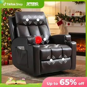 [SpringStatements] Manual Recliner Chair with Massage and Heat Ergonomic Overstuffed Breathable Fabric Reclining Chair with 2 Side Pockets, 2 Cup Holders, Remote Control, Living Room, Bedroom