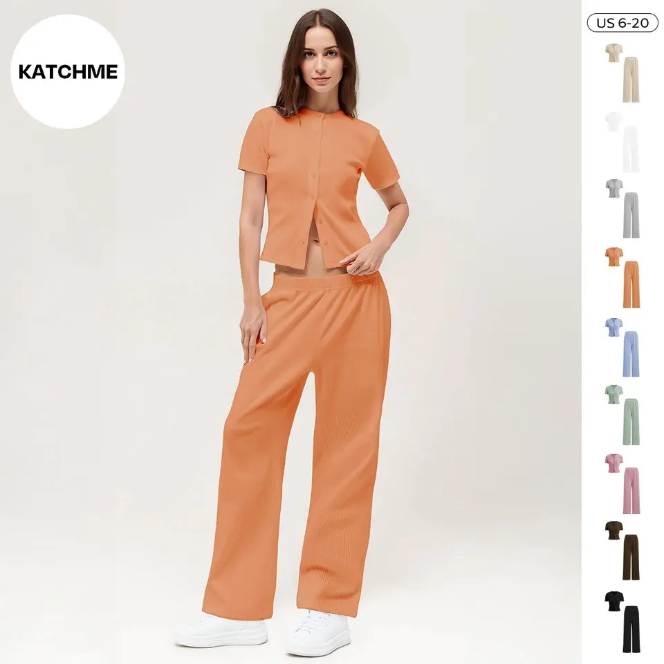 KatchMe Women's Leisure Solid Color Button Short Sleeve Slim Top & Wide Leg Trousers Co-ord, Minimalist Two Piece Outfits, Comfortable Womenswear Clothes Suits
