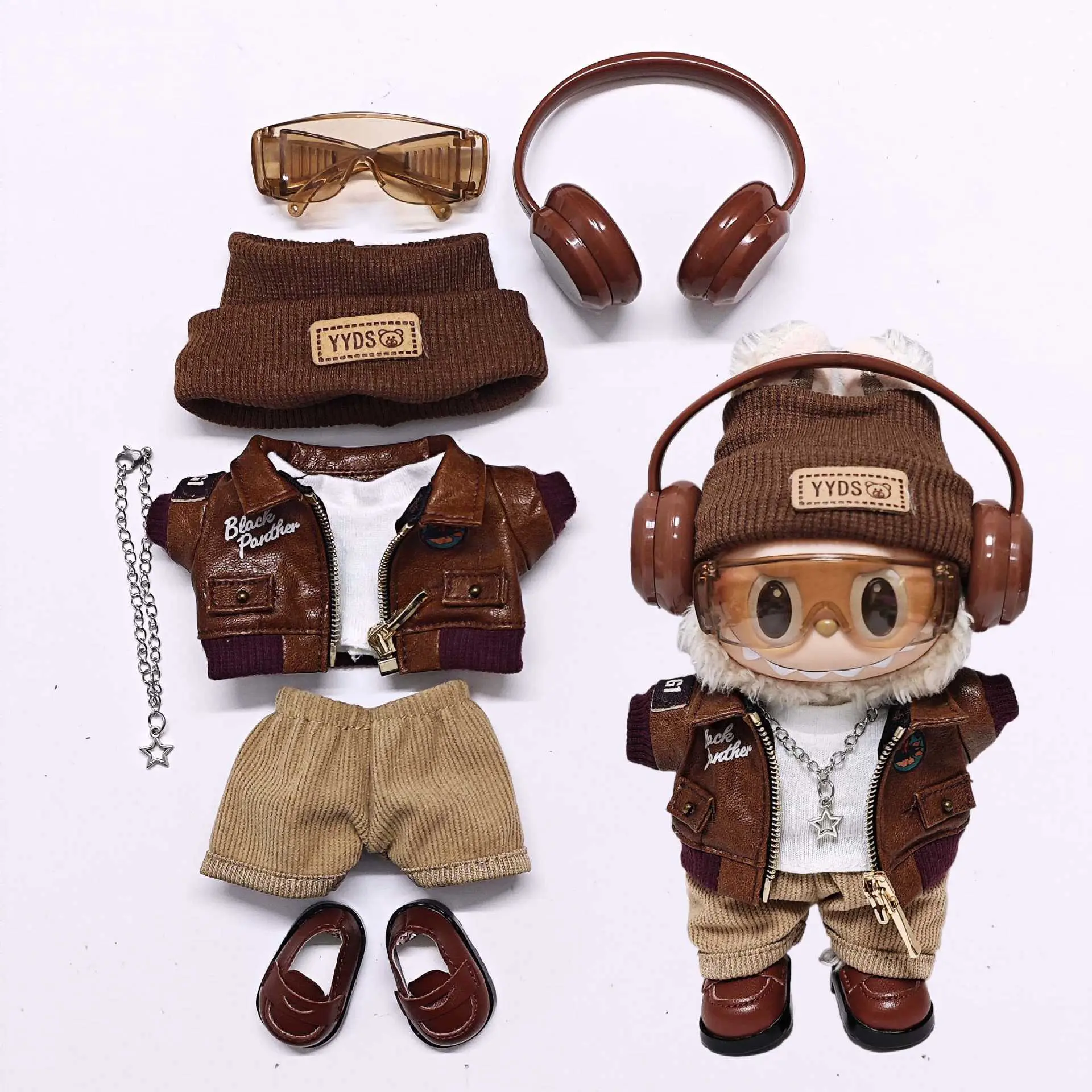Labubu Doll Clothes Set 7PCS – Fashion Hat, Glasses, Leather Jacket Set, Headphones, Shoes & Necklace Accessories (Labubu Not Included)
