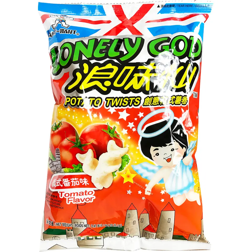 WANT-WANT Lonely God Potato Twists, 70g Salty & Savory Savory Tangy Tomato Flavor Crispy Puffed Snack with Protein, Sweet Notes, MSG Added, Satisfying Ambient Room-Temperature Shelf-Stable Snack for Children & Late Night Needs