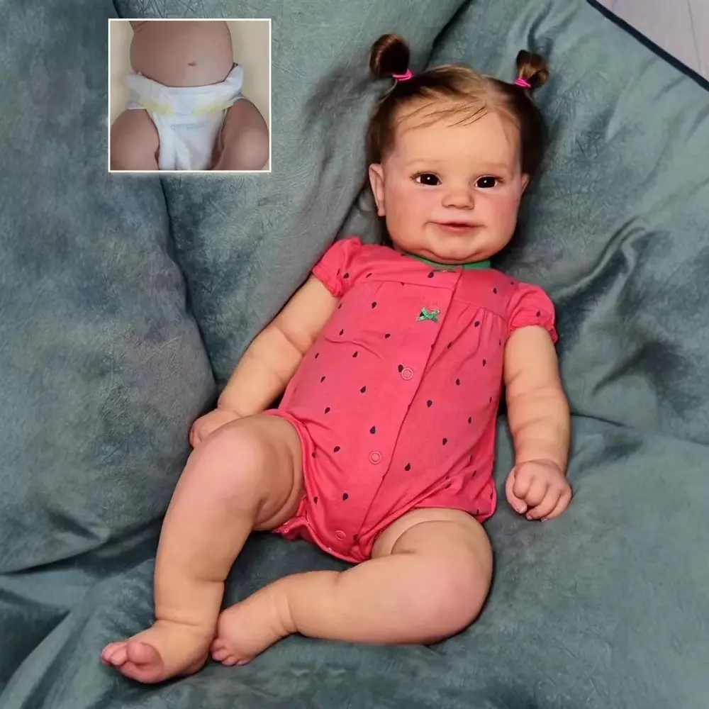20" Lifelike Newborn Collectible Doll, Rooted Brown Hair Girl Toy, Full Vinyl Construction, Soft Weighted Doll with Watermelon Pink Outfit, Magnetic Pacifier and Bottle Included, Collectible Dolls, Lifelike Newborn Doll