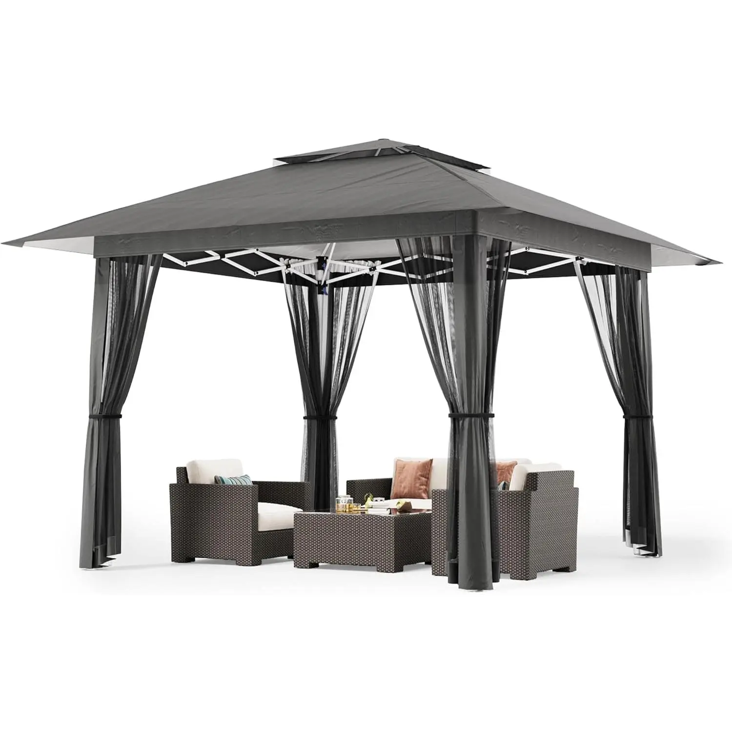 Gizoon 13x13 Square Heavy-Duty Metal Patio Parasol Canopy - Outdoor Backyard Shade with Thick Steel Frame, Mosquito Netting, Adjustable Shade, Tool-Free Setup, 4 Sandbags, 8 Stakes, 4 Ropes, Roller Bag, Fire Safety Label, Lawn