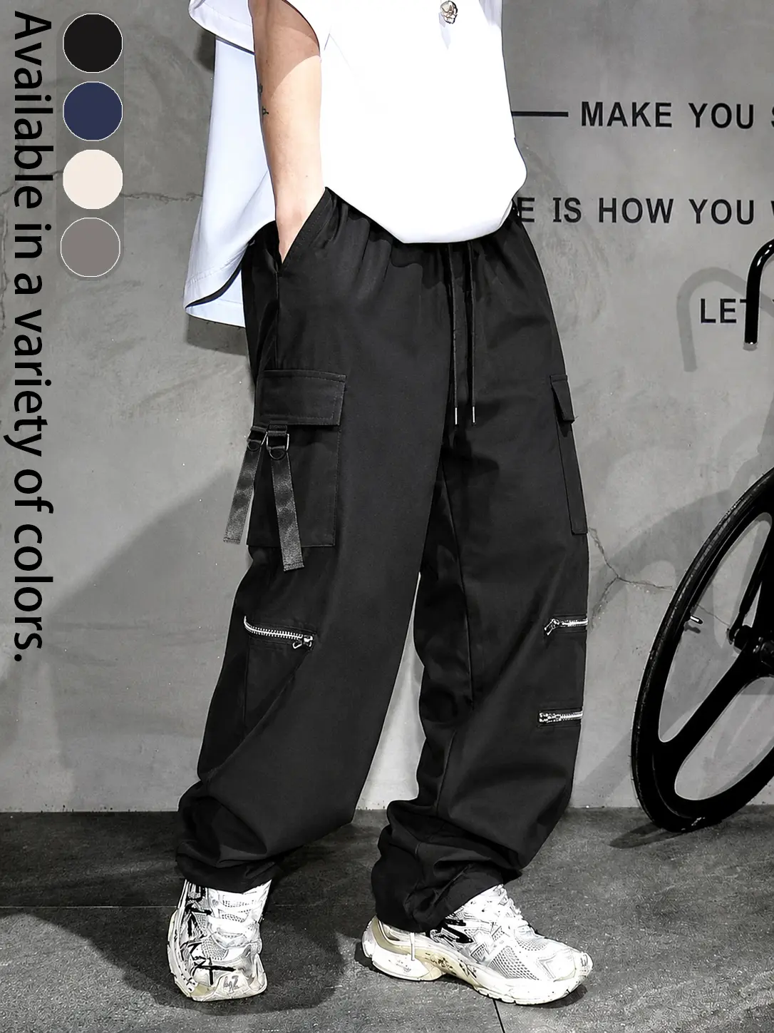 Men's Gothic Military Cargo Pants, Baggy Techwear Trousers with Multi Zippered Pockets, Utility Straps, Drawstring Elastic Waist and Elastic Cuffs, Y2K Cyberpunk Streetwear Combat Pants for Hip Hop, Rave, Festival and Everyday Casual Wear All Seasons