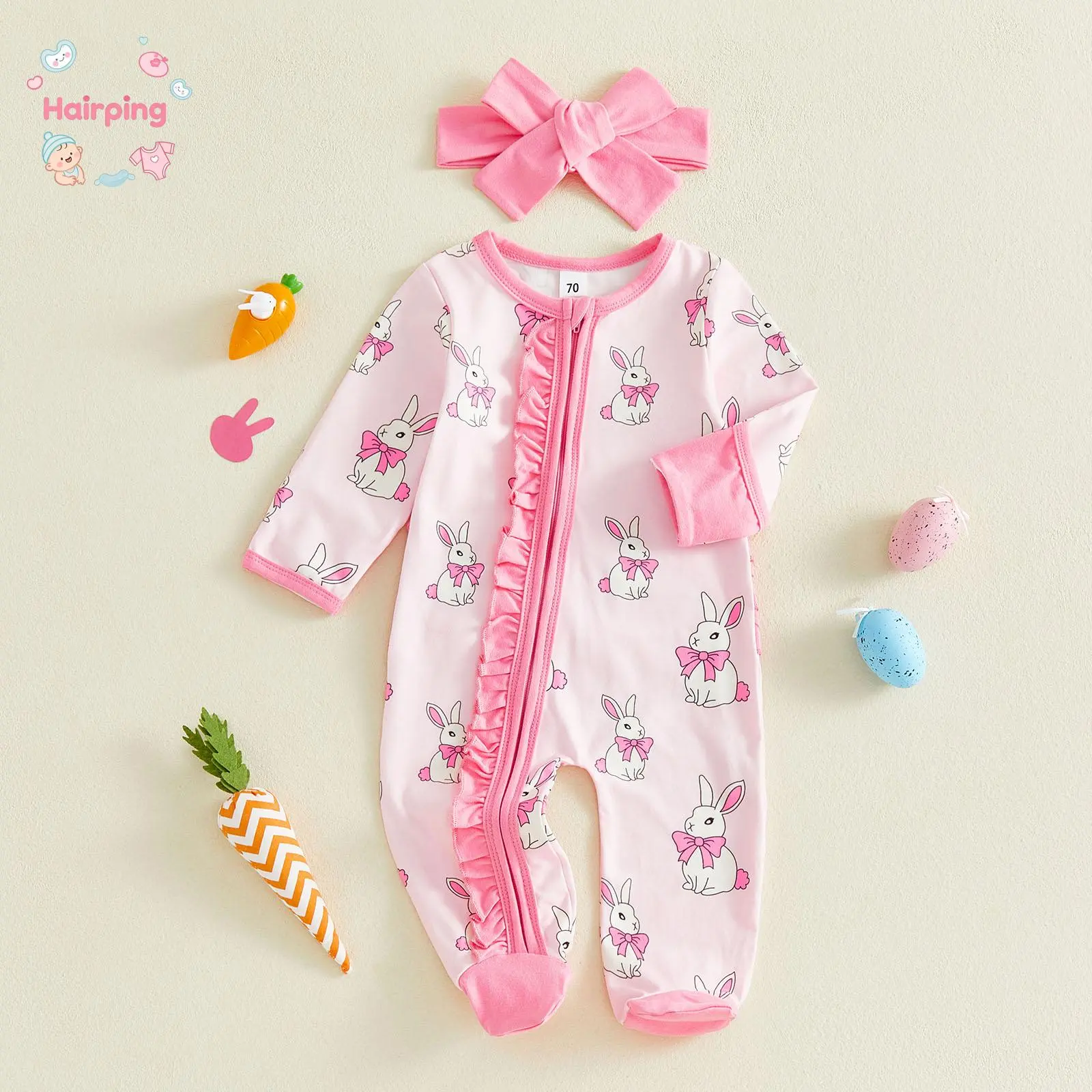 Baby Girls' 0-3 Months Pink Bunny Animal Print Footed Romper, Long Sleeve Zip-Up Cotton-Elastane Onesie with Ruffle Trim & Headband, Soft Indoor Sleep & Play Outfit