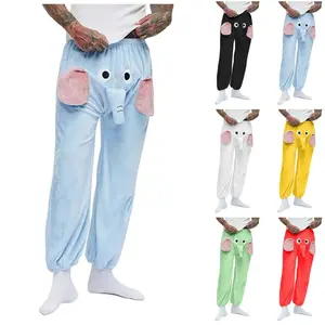 2025Men'S Funny Elephant Flannel Long Pants Casual Relaxed Fit Warm Sleeping Pants Breathable Tie-Foot Trousers Boys Home Clothes Pajama Fabric Loungewear