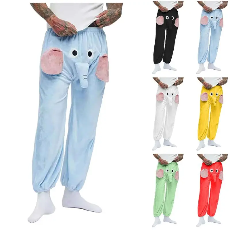 2025Men'S Funny Elephant Flannel Long Pants Casual Relaxed Fit Warm Sleeping Pants Breathable Tie-Foot Trousers Boys Home Clothes Pajama Fabric Loungewear