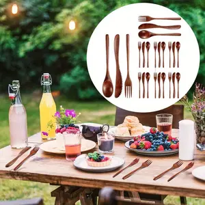 Pack of 24 Wooden Utensils for Eating,Wooden Spoon Fork Knife Cutlery Set,Kitchen Wood Dinner Flatware Tableware Set Includes Spoon,Fork,Knife Plateset Lightweight