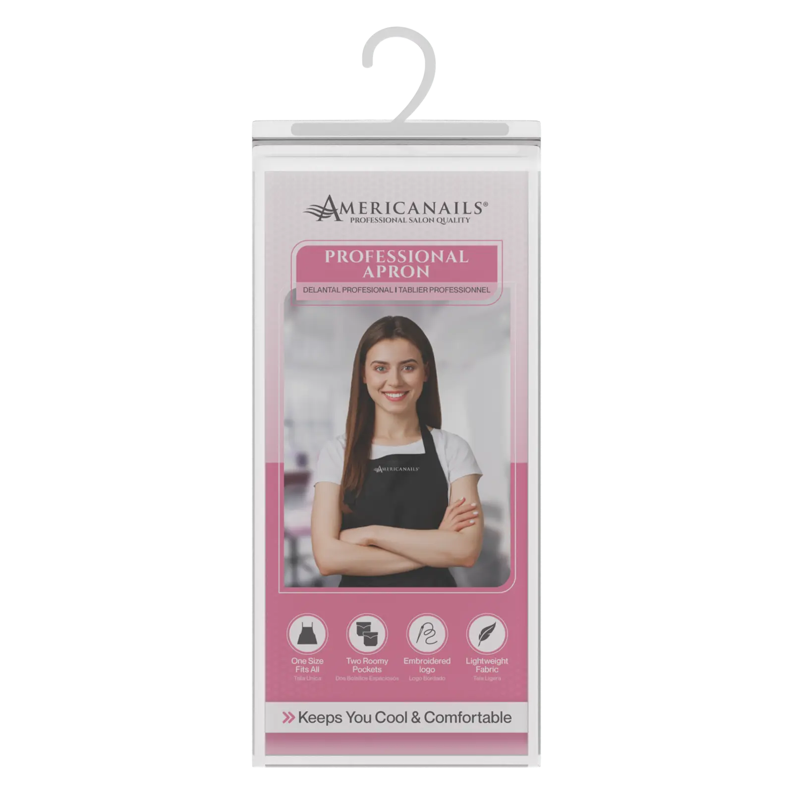 Americanails Professional Nail Tech Apron - Adjustable One Size Fits All with Two Roomy Pockets Lightweight Water Resistant Fabric Black with White Embroidered Logo