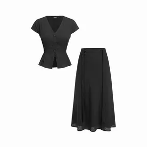 Cider Cotton V-Neck Button Front Peplum Top & Mid Rise A-line Maxi Skirt Set With Belt