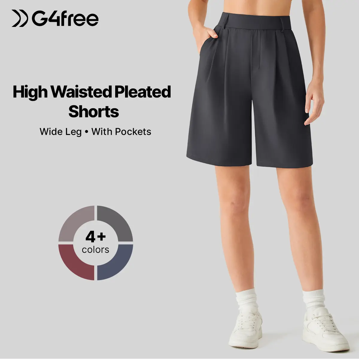 G4Free Women's ShiftReady Bottoms - 7-Inch Inseam High Waisted Wide Leg Pleated Belted Fitted Shorts with Pockets, Dressy Casual Clothes
