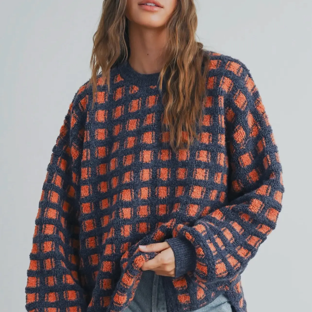 Women's Fall Checkerched Oversized Sweater - Comfortable Pullover - Womenswear
