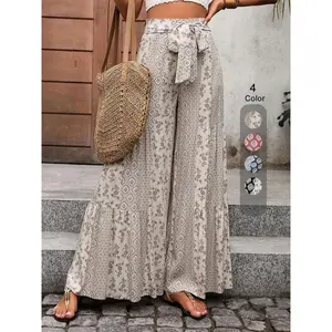 Women's All Over Print Pants, Boho Casual Comfy Trousers for Beach Vacation Holiday, Bohemian Ladies Bottoms for Summer, Elastic Waisted Pants, Boho Style Womenswear