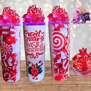 20 Oz Christmas Faux Candy Cane And Peppermint Light Up Stainless Steel Ice Tumbler With Removable Magnetic lid