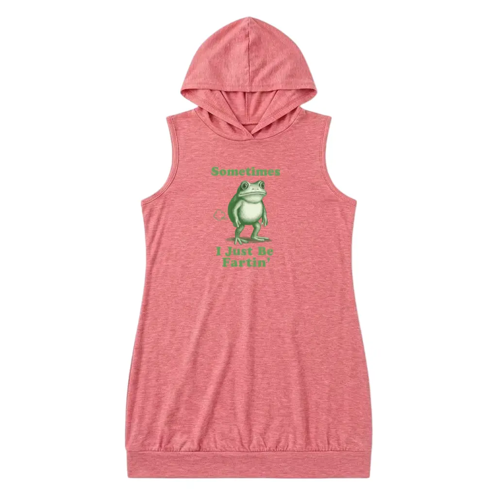 Casual Hooded Tank Dress with Fun 'Sometimes I Just Be Fartin' Frog' Print – Perfect for Relaxed Summer Days Sleeveless Comfy
