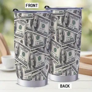 20oz Printed Insulated Stainless Steel Portable Coffee Tumbler with Leak-Proof Lid, Vacuum Flask for Money Lovers (Full-Size $100 Bills Design)