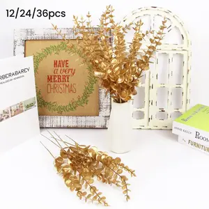 12/24/36 Pcs Gold Artificial Eucalyptus Leaves and Branches, 38cm Single-stem Artificial Eucalyptus, Artificial Eucalyptus Branch Decorations, Artificial Eucalyptus Plants, Suitable for Home Decor, Wedding Arrangements, or Floral Design