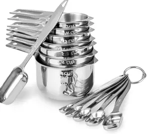 13-piece Measuring Cups and Spoons Set, 18/8 Stainless Steel Heavy Duty Ergonomic Handle with Ring Connector, Silver