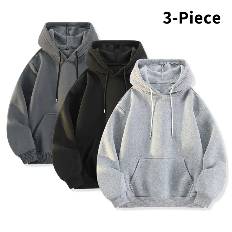 Menswear Sweatshirts, 3-Piece Solid Color Pullover Hoodies, Unisex Loose Fit Base Layer Tops with Kangaroo Pocket for Casual Wear, Unisex Base Layer, Stylish