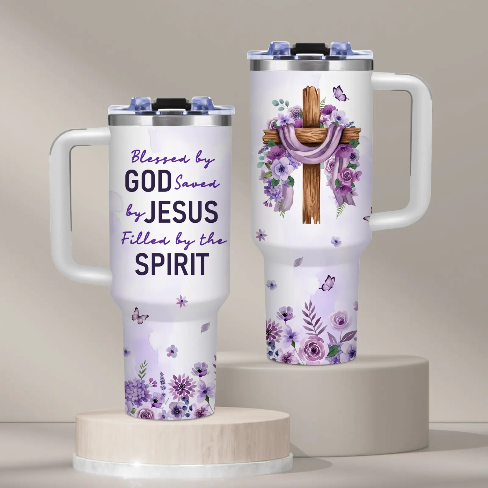Christian Cross Floral, 40oz tumbler with handle, iced coffee cup, purple watercolor flower design, Faith Lover Gift, for home and office, Easter, Summer, Travel Mug, Stainless Steel Vacuum Insulated Water Bottle, Tumbler Gift for Women and Men