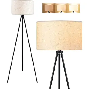 Mid Century Tripod Floor Lamp with Flaxen Fabric Shade 3-Color Dimmable LED Bulb Included Wooden Standing Lamp with Foot Switch for Living Room Bedroom Office