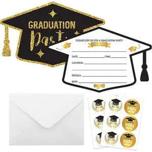 30 Set Graduation Party Invitations with Envelopes & Stickers, Black Gold Graduation Hat Cap Congrats Grad Party Invite Card for College High School Grad Celebration Party Supplies