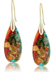 【NewYear2026】Natural Healing Stone Drop Earrings – Fishhook Hoop Dangle Statement Earrings in Gold & Silver