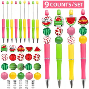 Watermelon Themed DIY Beaded Pen Set, 9 Counts/set Including Watermelon Shaped Beads & Pen & Ballpoint Pen, Ballpen Set, Office Stationery & Supplies