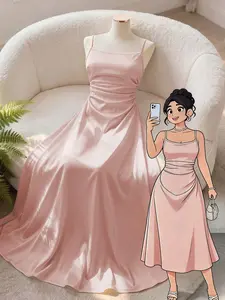 Elegant Satin Halter Dress for Plus Size Women, High Waist A-Line Long Dress, Perfect for Parties and Weddings, Slimming and Flattering Design