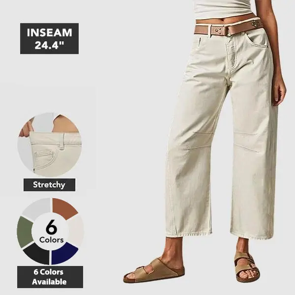 Flamingals Solid Stitch Detail Mid Waist Crop Baby Barrel Pants Without Belt Casual Summer Vibes