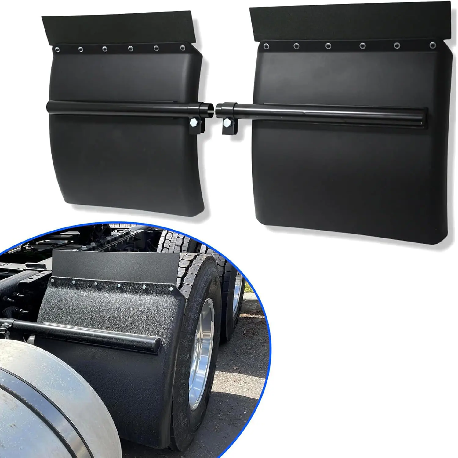 Black Poly Quarter Fender Set - 24"x24" Durable Protective Semi Truck Vehicle Parts Pair with Brackets for Freightliner, Volvo VNL, Kenworth