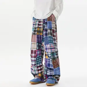 Men's Multicolor Plaid Patchwork Pants Loose Y2K Hip Hop Style Drawstring Straight Leg Sweatpants