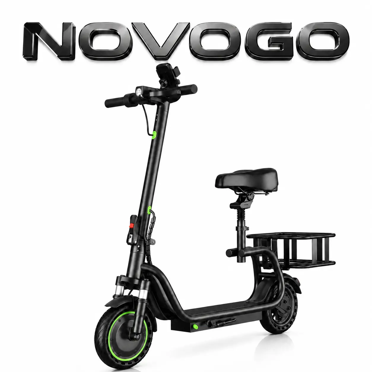 E-Scooter with Seat and Rear Basket for Adults, 350W Motor, 19 MPH Top Speed, 15-19 Miles Range, 8.5" Solid Tires, Adjustable Seat, Foldable Electric Scooter for City Commute, Grocery Shopping and Pet Travel