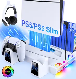 PS5 Stand and Cooling Station for Digital/Slim/Disc Controller Charging Station with 3 Levels  Fan, 14 Game Slots, Headset Holder
