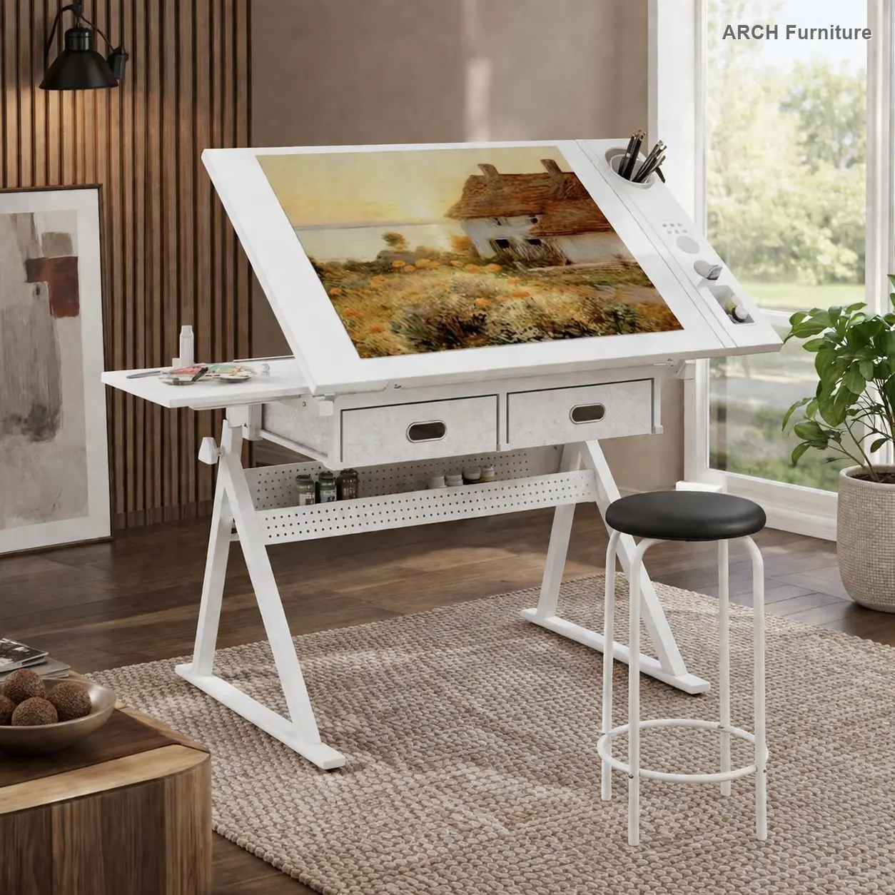 All White MDF Adjustable Drawing Drafting Table Desk with Tiltable Top, Height-Adjusts Legs, 2 Drawers, Storage Organization for Home Office Use (Includes Stool), Drawers Drafting Tables, Height-Adjustable Drafting Tables