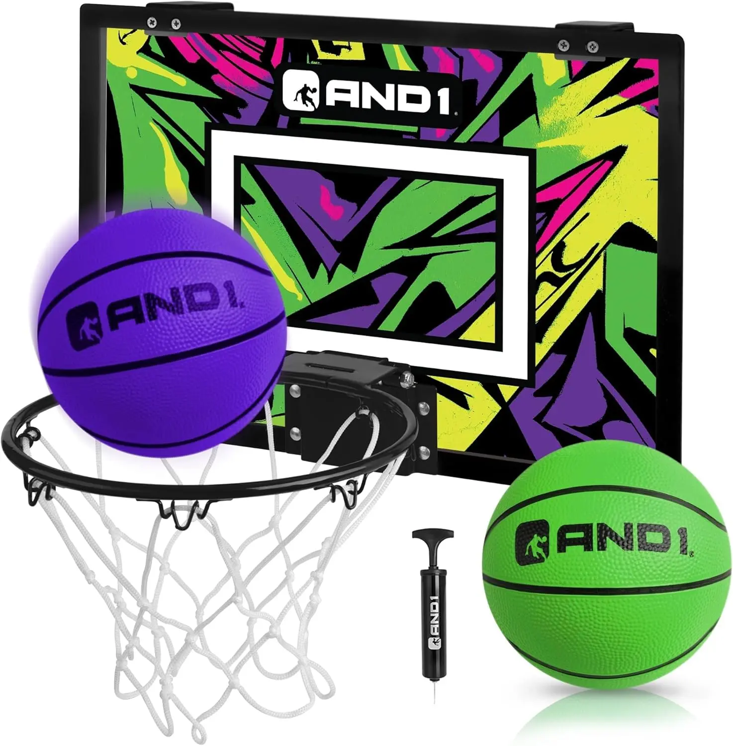 AND1 Over the Door Mini Basketball Hoop Set for Children & Adults, 18x12" Shatterproof Backboard with Foam-Padded Backing, Includes 2 Mini Balls, Pump & 3-Ply Net, Backboards, Basketballs, Indoor Play, Preassembled, Heavy-Duty Net, Spring-Loaded Rim, Pre-