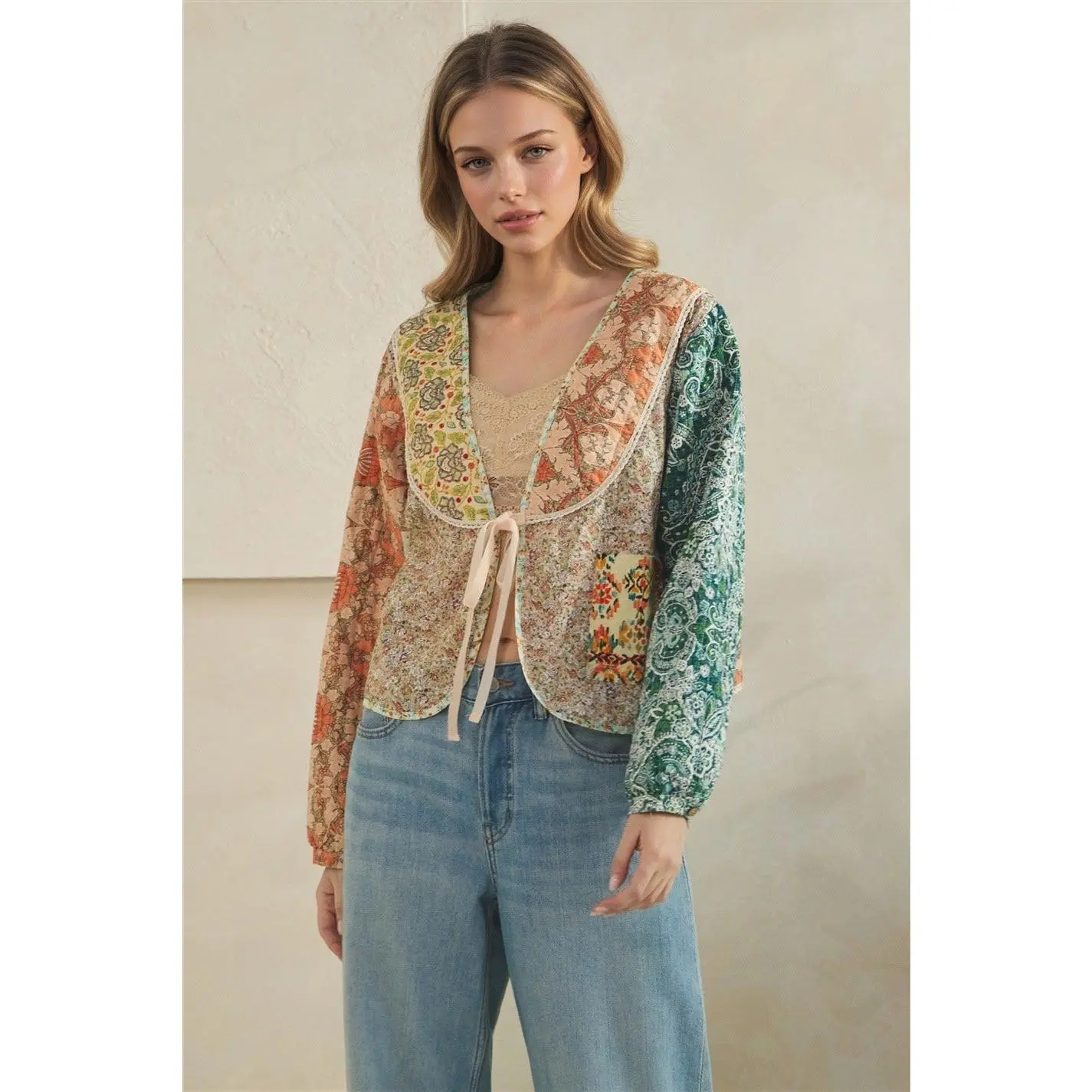 Teal Floral Patchwork Tie-Front Cropped Jacket
