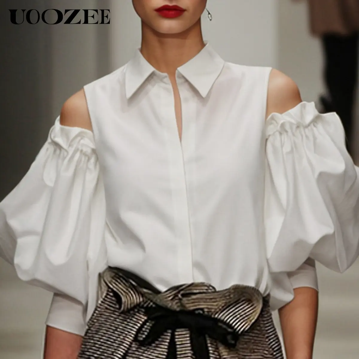 UOOZEE Women's Elegant Collared Sheer Tuxedo Blouse - Longsleeves, Breathable Fabric, Cold Shoulder, Button-Front, Casual Shirts for Office, Party Outfits (2025 Autumn/Spring/Summer, 1 Size Up Recommended for C-Cup+), Lady, Basic