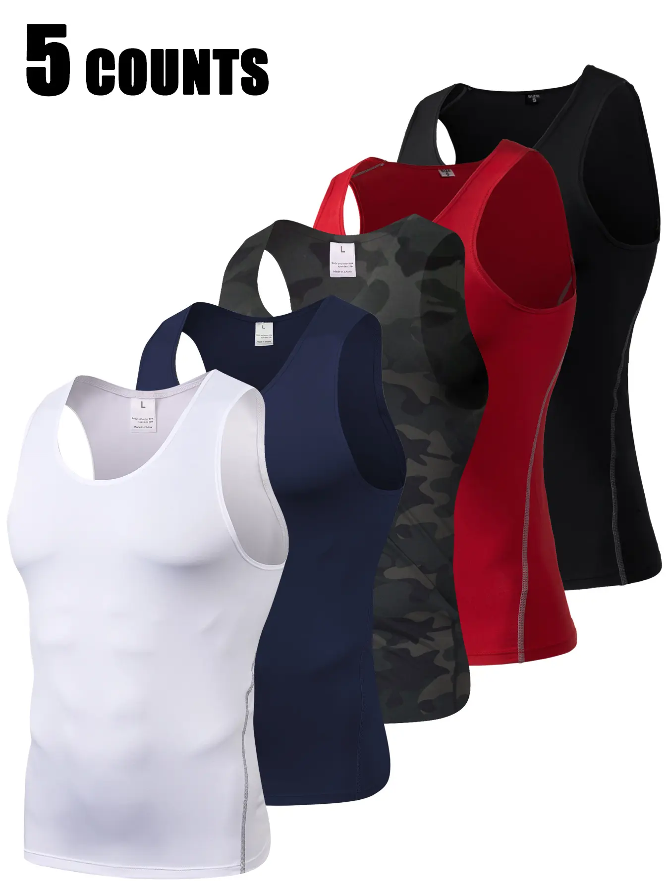 5 Pack Mens Sport Vest Basic Crew Neck Compression Tank Tops Sleeveless Soild Casual Breathable Muscle Undershirts Comfortable Sports for Gym Workout