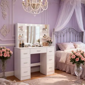 Large Vanity Desk with Mirror and 10 LED Lights, Makeup Vanity Table with, Dressing Table with 7 Drawers,and 6 Open Shelfs for Bedroom, White glamorous