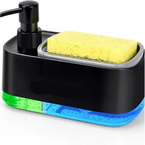 Sturdy Black 3-in-1 Countertop Dual-Spout Leak-Free ABS Soap Dispenser Set - Liquid Dispenser Pump with Detachable Sponge Holder, Adjustable Hand-Dish Split Soap Canister, Ideal for Kitchen Sink Organization, Home Supply Gift