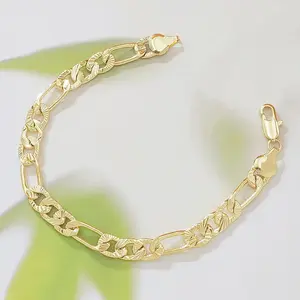 14K Gold Two Tone Figaro Chain Bracelet Sunburst Diamond Cut Textured Link Stackable Wrist Jewelry For Women Daily Wear
