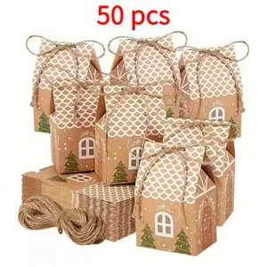 50-Pack Christmas Candy & Cookie Kraft Boxes – Gingerbread House Design with Twine, Holiday Party Favor Gift Boxes, Ideal for Treats & Presents