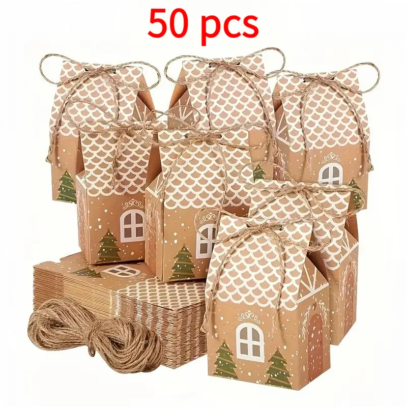 50-Pcs Non-Woven Kraft Paper Christmas Candy & Cookie Boxes - Gingerbread House Design, Twine Tie, Home Holiday Party Favor Gift Boxes for Treats & Presents