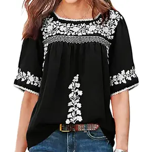Women's Bohemian Embroidered Blouse - Loose-Fitting Breathable Polyester Boho Lady Shirts, Square Neck, Half-Sleeve Puff Design, Floral Embellishment, Festive Occasion Wear, Plus-Size Flattering Option