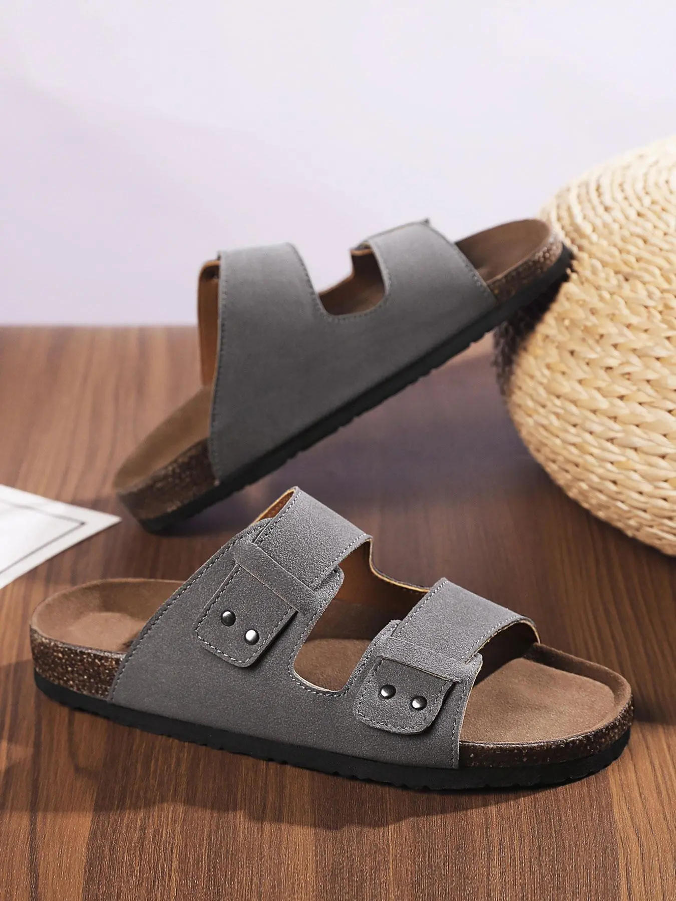 Fashion Retro Men's Slippers, PU Leather Open-Toe Sandals, Non-Slip Rubber Sole, Casual Summer Beach Shoes, Unisex Design
