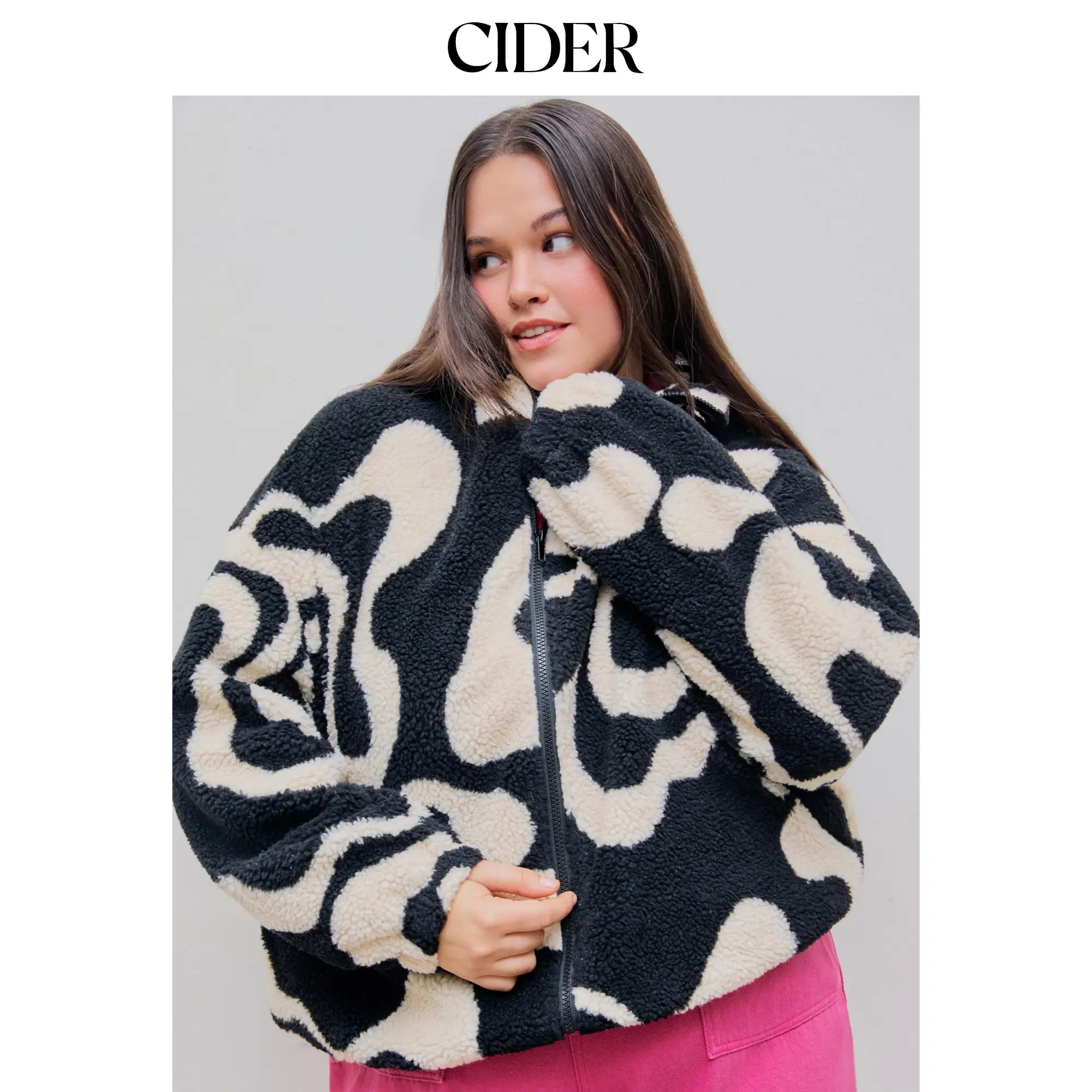 Cider Women's Casual Loose-Fitting Plus-Size 2–26 Fleece Zip-Up Coats - Cozy Draped Floral Printed Polyester Outerwear for Cold Weather, Machine Washable (Cold Wash Compatible)