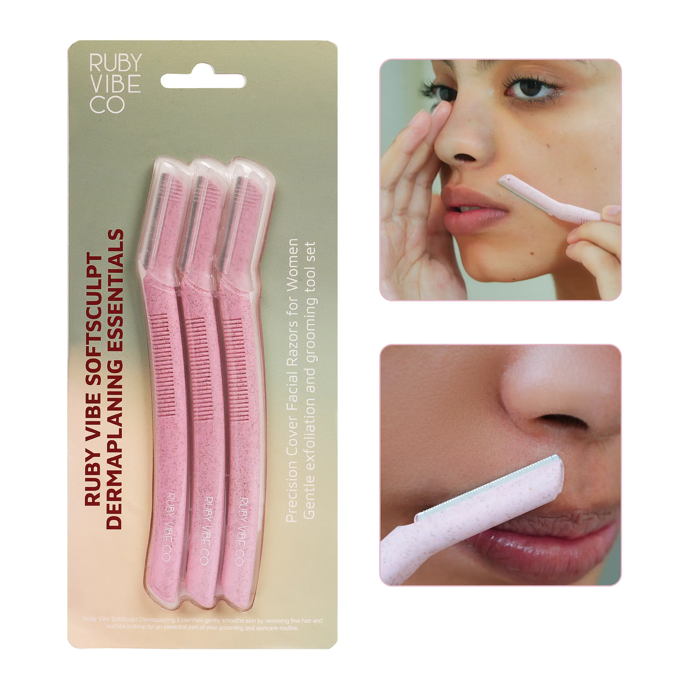 [RUBY VIBE CO] 3Pcs Soft Sculpt Dermaplaning Tool Set Precision Facial Razors, Eyebrow Razors for Women, Peach Fuzz & Eyebrow Trimming Tool, Facial Hair Removal